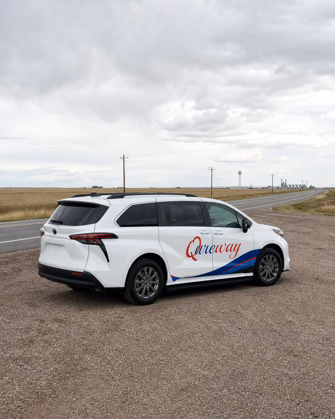 A Qureway wheelchair-accessible van traveling across Colorado's eastern plains