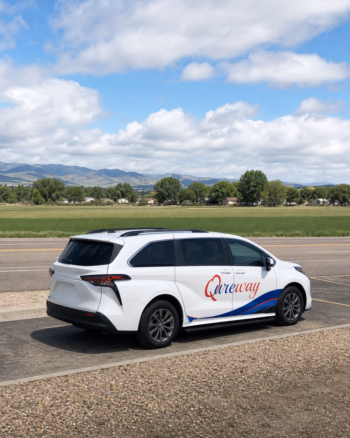 A Qureway wheelchair-accessible van traveling along Colorado's northern Front Range