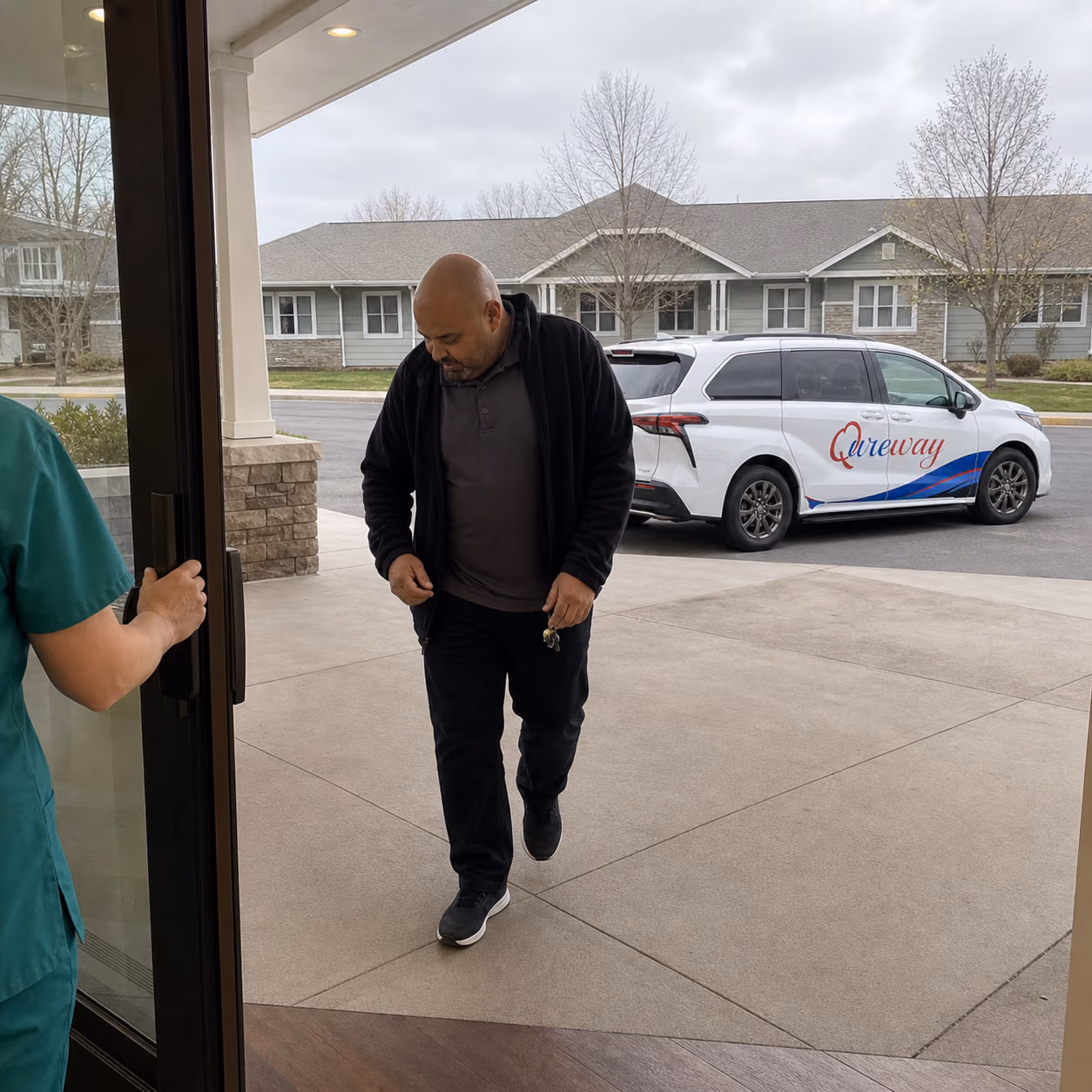 A Qureway driver arriving naturally at a care facility